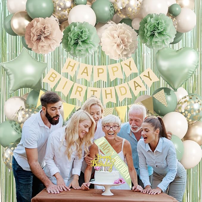 Sage Green Birthday Decorations, Neutral Green Gold Nude Party Décor with Foil & Latex Balloons Sash Fringe Curtains Happy Birthday Banner Cake Topper Paper Pompoms Party Decor for Women Girl