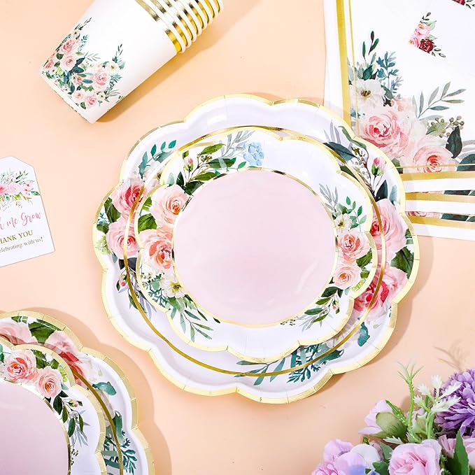 Whaline 100Pcs Pink Floral Paper Tableware Set Spring Flower Gold Foil Disposable Dinnerware Scalloped Plates Napkins and Cups for Wedding Birthday Baby Bridal Shower Party Supplies Table Decor