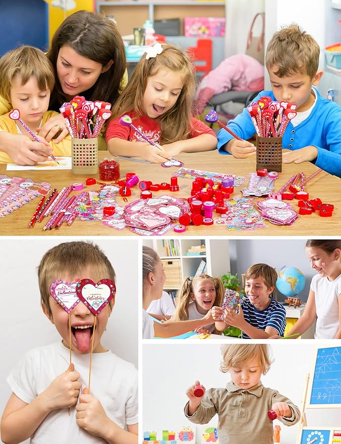 Valentine Gifts for Kids School, 28 Packs Stationery Set from Teachers to Students, Valentines Kids Gift Set Cards with Stickers, Pencils, Erasers, Valentine's Day Classroom Exchange Party Favor Toy