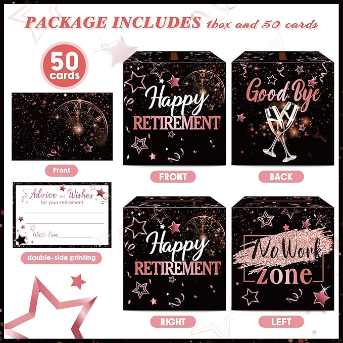 Funrous 51 Pcs Retirement Card Box Advice & Well Wishes Cards for Women Men Happy Retirement Party Decorations Going Away Party Favors(Rose Gold and Black)