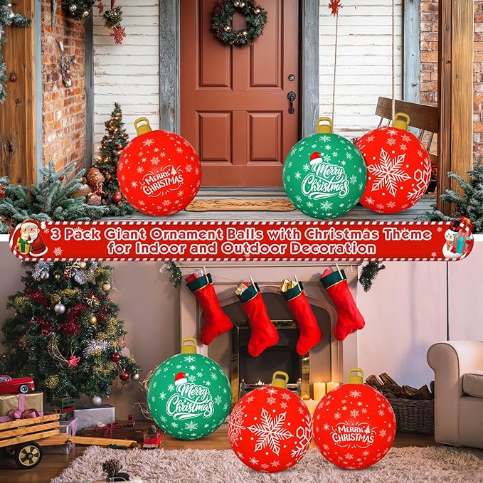 3 Pack Giant Christmas Ornaments, 24 Inch Inflatable Ornaments Balls Outdoor for Christmas Decorations, Giant Outdoor Jingle Bells for Front Door Yard Tree Hanging Decoration