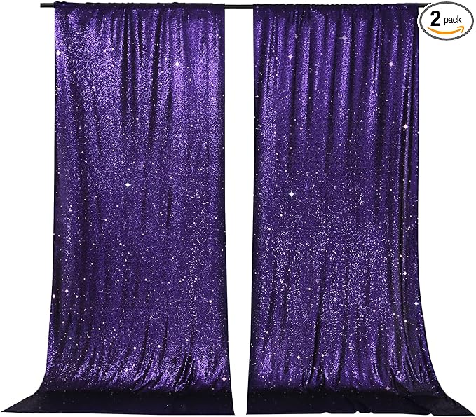PartyDelight Purple Sequin Backdrop 5x10ft 2 Panels - High Density 3mm Shimmer Sequin Background with 4-Inch Rod Pocket, Sparkly Photography Curtain for Wedding, Stage & Event Decor