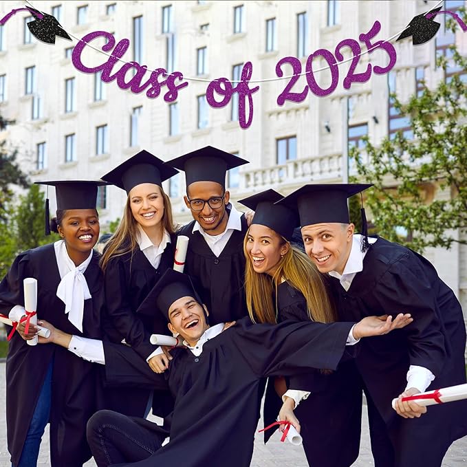 Class of 2025 Banner - 2025 Graduation Party Decorations, Congrats Class of 2025 Grad Decorations, Congratulations Decorations, 2025 Graduation Party Supplies (Purple)