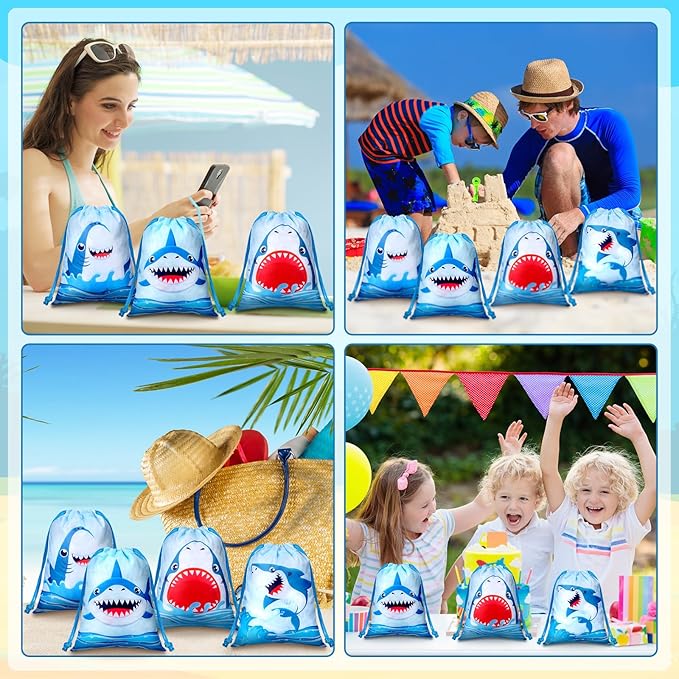 Capoda 24 Pcs Shark Party Drawstring Bags Summer Party Favors 7.09 x 5.12 Inches Shark Themed Birthday Decoration Ocean Animals Drawstring Bags Bulk for Candy Snack Treat Wrapping Summer Pool Supplies