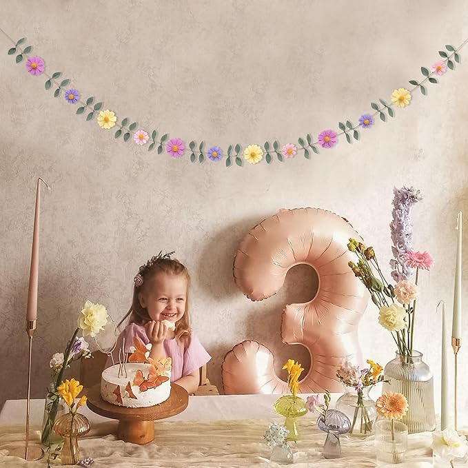 Felt Colorful Daisy Banner - Spring Birthday Wedding Party Decorations,Colorful Flowers Green Leaves Chain Garland,Flower Leaf Party Photo Props,Bohemian Daisy Home Room Hanging Garland