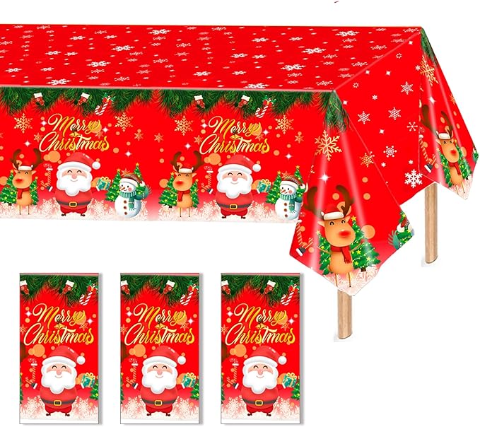 3 Pcs Plastic Christmas Tablecloths, 54*108 Inch Disposable Tablecloths with Santa Claus & Reindeer Pattern for Rectangle Tables, Merry Christmas Party Decoration (3 Pack)