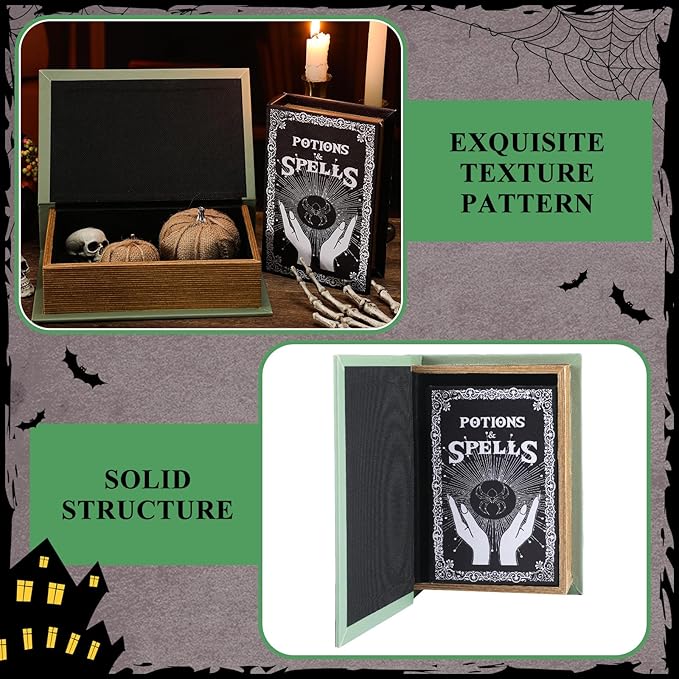 Set of 2 Magic Nesting Halloween Books Decoration Witch Potion Dark Magic Pattern Spooky Holiday Themed Fake Faux Hollow Book Boxes Decorative Vintage Gothic Jewelry Trinket Storage Box