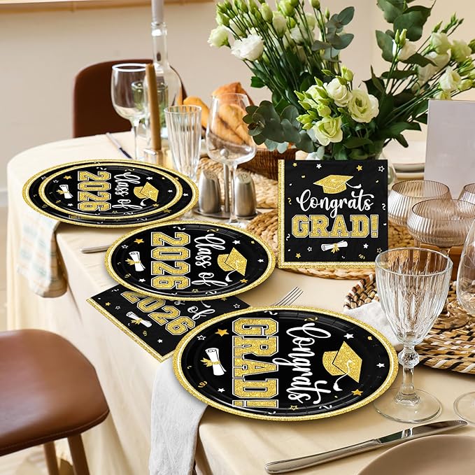 Black and Gold Graduation Decorations,200pcs Black and Gold Graduation Paper Plates and Napkins,Class of 2026 Plates for Grad Party Decorations,Serve 50
