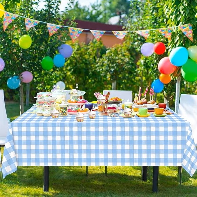 6 Pack Light Blue Gingham Tablecloth Rectangular Pale Blue and White Checkered Tablecloths Disposable Plastic Plaid Table Cover for Parties, Outdoor Picnic, Birthday, Wedding, Camping 54 × 108 Inch