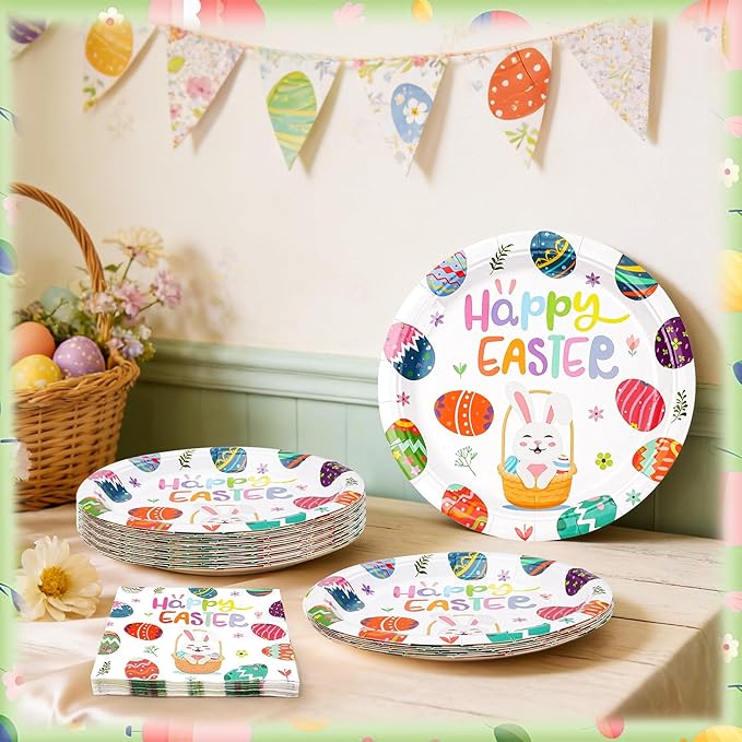 Easter Plates and Napkins Set for 20 Guests - 40 Pcs Disposable Easter Dinnerware, 9 Inch Colorful Egg & Bunny Paper Plates 20pcs and Napkins 20pcs for Dinner, Spring Party Decorations