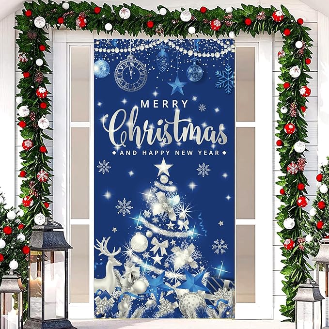 Christmas Party Decorations Large Size Merry Christmas and Happy New Year Door Banner for Xmas Party Decorations, 71x35 Inches (Blue Silver)