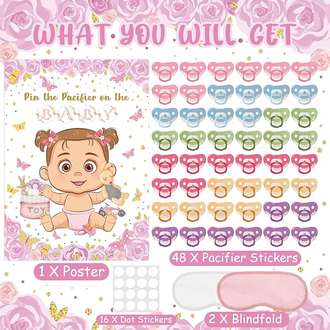 Pin The Pacifier On The Baby Game, Pink Baby Shower Decoration Pin Pacifier on Baby Poster Butterfly Theme Decor with 48 Pacifier Stickers Game for Baby Shower Party Birthday Party Supplies