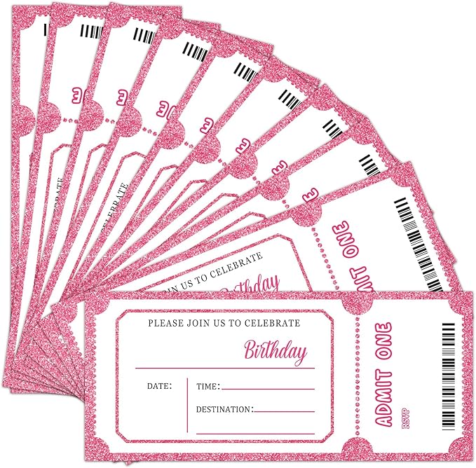 Pink Glitter Birthday Invitation Ticket, Glitter Invitation for Girls Teens, 20 Ticket With Envelopes, 3.5 x 8 inch Double-Sided Fill In Birthday Party Personalized Invites Cards - C