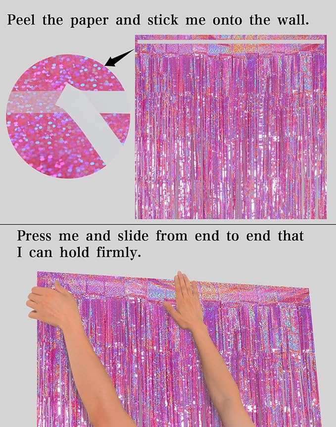 Melsan Pink Foil Fringe Curtains Easter Decorations for Home – 3 Pack 3.2 x 8.2 ft Shiny Tinsel Backdrop for Bachelorette Party, Disco Y2K Decorations, Girls Birthday & Photo Booth Backdrop