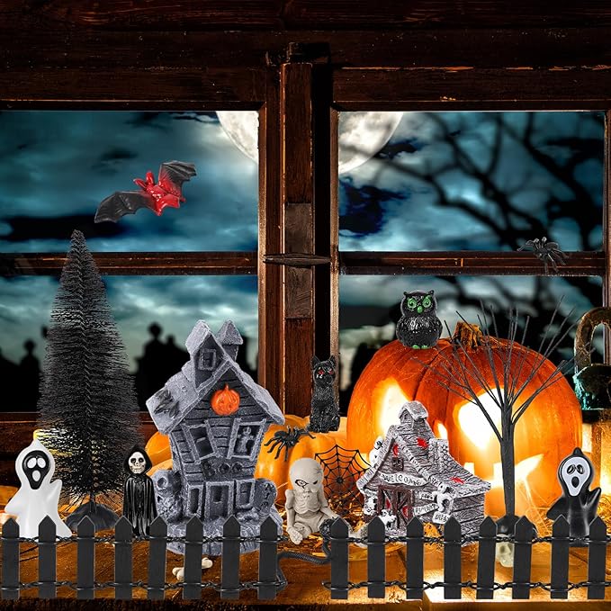 88 PCS Halloween Village Accessories Set Halloween Haunted Houses Village Miniatures Ornaments with Pumpkins Ghost Tombstones Tree Fake Spiders Fence Streetlamp Figurines for Party Home Table Decor