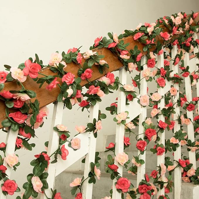 MARTINE MALL Flower Garland - 5 Strand 41Ft Rose Vines for Bedroom Decor, Pink Rose Floral Garland for Table, Birthday, Wedding, Party, Garden Wall Decor