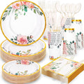 350PCS Floral Paper Plates Set, Disposable Plates With Gold Rim Serve 50 Guests, Party Supplies for Adults Garden Tea Party Bridal Shower Decorations