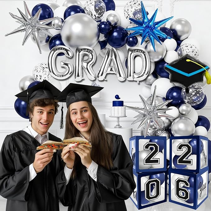 2026 Graduation Boxes Decorations,Blue and Silver Balloon Garland Arch Kit with GRAD,2026 Balloon Boxes,Graduation Cap Decor for High School,College Graduation Party Supplies