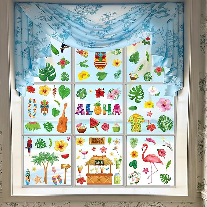 103 PCS Hawaiian Window Clings, 9 Sheets Tropical Hawaiian Party Decorations, Double-Sided Summer Window Clings with Tiki Masks Hibiscus Lei Patterns, Aloha Party Decorations for Home Office