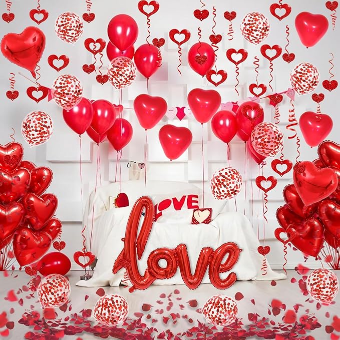 Fecedy Love and Heart-Shaped Aluminum Foil Balloon,Heart-Shaped and Round Latex balloons,Confetti Balloon,Fake Petals,Hanging Streamers for Valentines Bridal Shower Anniversary Engagement Decorations