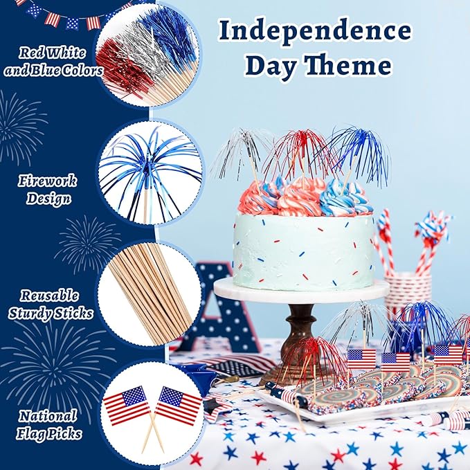 200Pcs 4th of July Cupcake Toppers, Patriotic Firework Cocktail Picks Independence Day American Flags Toothpicks Fruit Skewers for 4th of July Party Drinks Red White and Blue Decorations