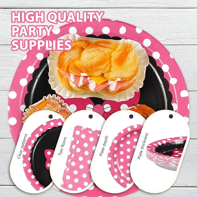 96Pcs Pink Mouse Party Supplies Xmas Cartoon Mouse Paper Plates and Napkins Tableware Sets Pink White Polka Dot Bow Decorations for Kids Girls Birthday Baby Shower Cute Cartoon Theme Party Serves 24