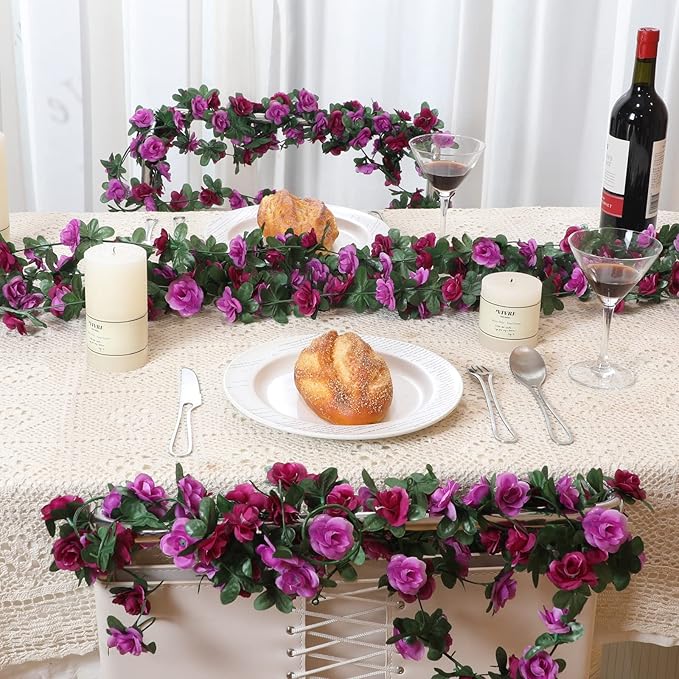 MARTINE MALL Flower Garland - Rose Vines, 8 Strands 66Ft for Bedroom, Purple Rose Floral Garland for Room Table Birthday Wedding Party Garden Wall Decor