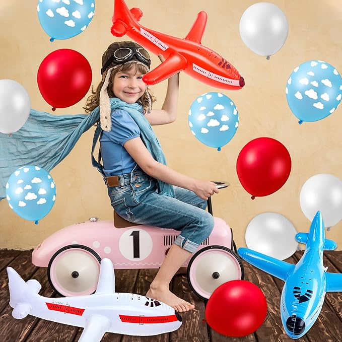 56 Pcs Airplane Birthday Party Decoration Inflatable Airplane Blue & Red Balloons Banners Air Adventure Themed Birthday Party Cloud Aircraft Decor