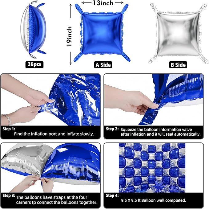 50pcs Navy Blue and Silver Square Foil Balloons Wall Backdrop with 147pcs Dark Blue and Silver Balloon Garland Arch Kit, Double Sided Balloon Tunnel for Birthday Graduation Party Decorations