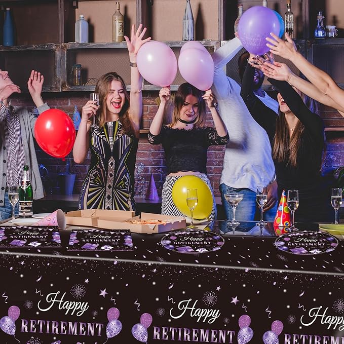 41PCS Purple Retirement Party Decorations Happy Retirement Plates and Napkins Table Cloth Disposable Tableware Kit for Women Say Goodbye Party Supplies