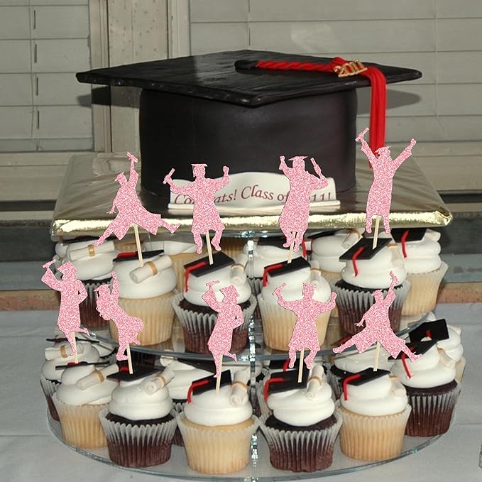 Gyufise 24Pcs 2026 Student Graduation Cupcake Toppers Glitter Class of 2026 Boys Girls Graduate Cap Cupcake Picks for 2026 Graduation Theme Party Cake Decorations Supplies Pink