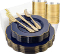 NOCCUR 175PCS Blue Plastic Plates with Disposable Silverware - Include 50 Blue Disposable Plates with Gold Rim,75 Gold Cutlery,25 Cups,25Napkins for Party/Wedding/Passover
