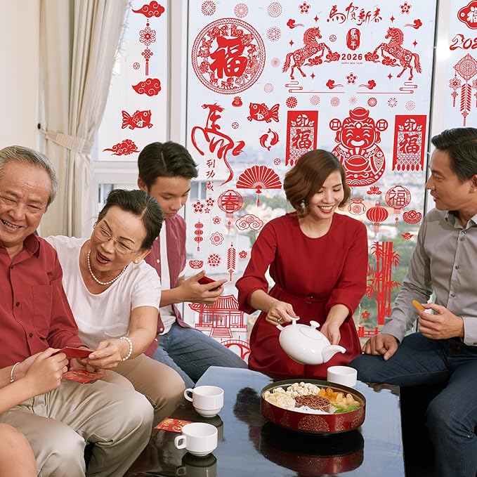 9 Sheets Chinese New Year Window Clings, Horse Year Decor for Window, 2026 Lunar New Year Decorations, Red Spring Festival Decals Double-Sided Stickers for Festival Family Gathering Door Wall Decor