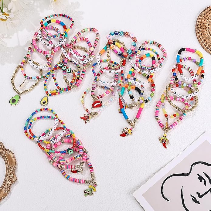Cooluckday 36 Pcs Holiday Heishi Surfer Bracelets for Women Bulk Easter Mother's Day Christmas St. Patrick's Day Mardi Gras Bracelet Stackable Stretch Friendship Bracelets Set
