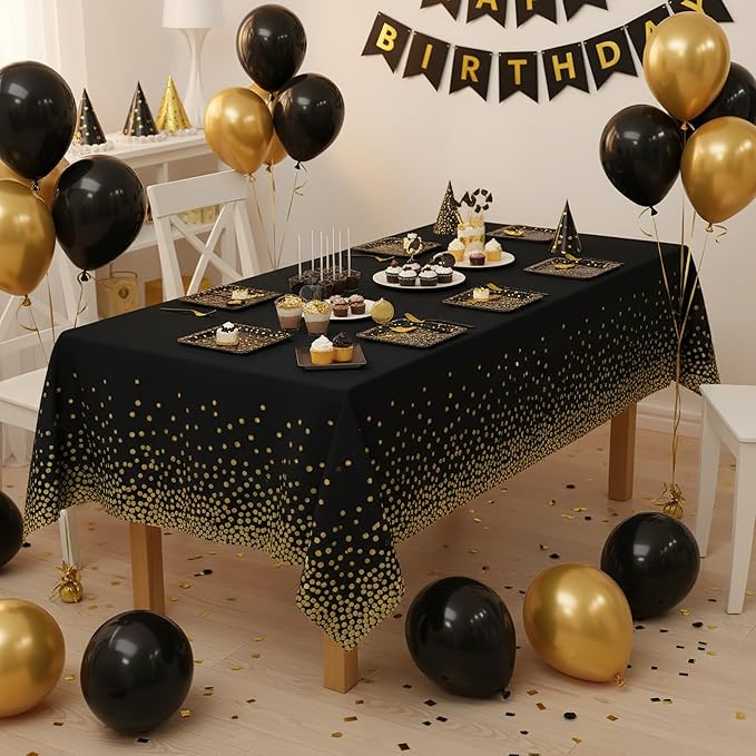 misaya 3 Packs Dot Disposable Table Cloth, 54 x 108 Inch Waterproof Plastic Tablecloth, Rectangle Gold Dots in Black Table Covers for Easter, Picnic, Birthday, Party