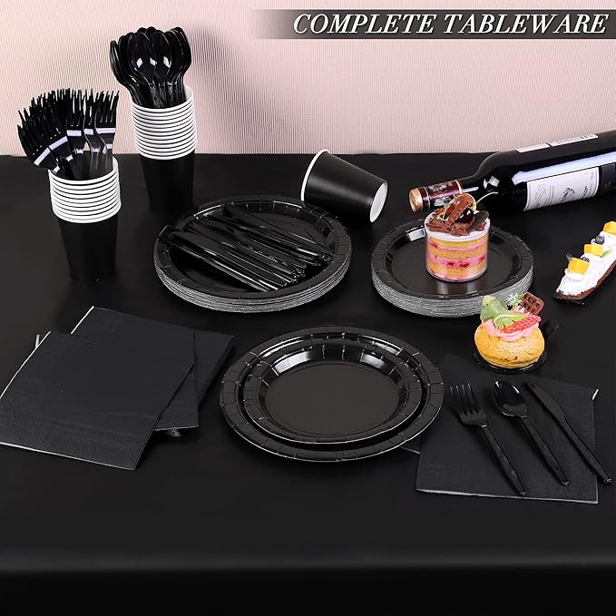 ADXCO 169 Pieces Black Party Supplies Include Black Plates and Cups Paper Napkins Plastic Forks Knives Spoons Tablecloth Serve 24 Guests for Wedding Birthday Party Decorations