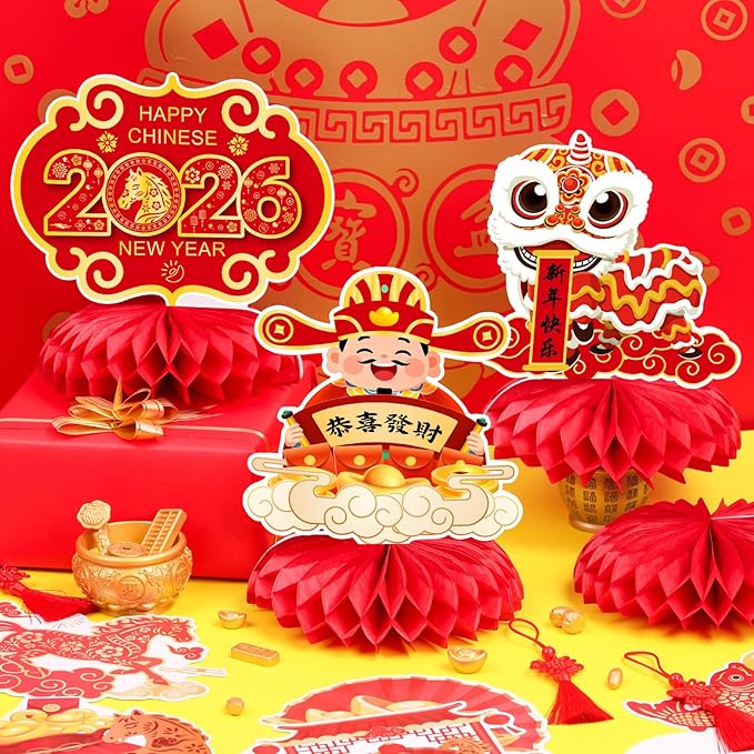 10 Pcs Chinese New Year Honeycomb Centerpieces Decoration 2026 Year of The Horse Ornaments Signs Red and Gold Table Toppers Table Centerpieces Lunar New Year Party Supplies