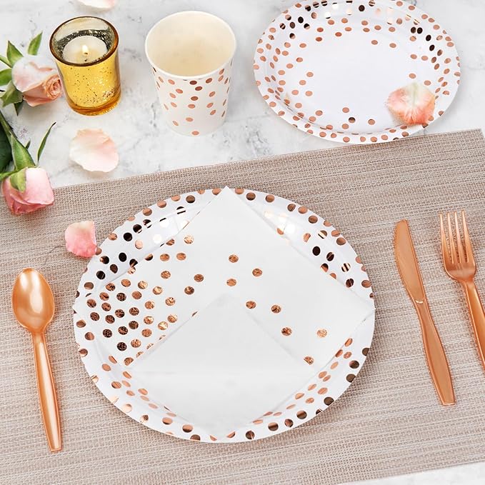 Lzerking Party Supplies Set - 210 Pieces of White and Rose Gold Dot Wedding Paper Plates, Cups, Napkins, and Heavy Duty Silverware for 30 Guests for Birthdays, Graduation, Festivals