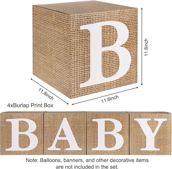 RUBFAC Burlap Print Baby Boxes with Letters for Baby Shower, 4pcs Rustic Farmhouse Style Boho Balloon Boxes with Burlap Grain for Birthday Gender Reveal Decoration Backdrop Photo Props