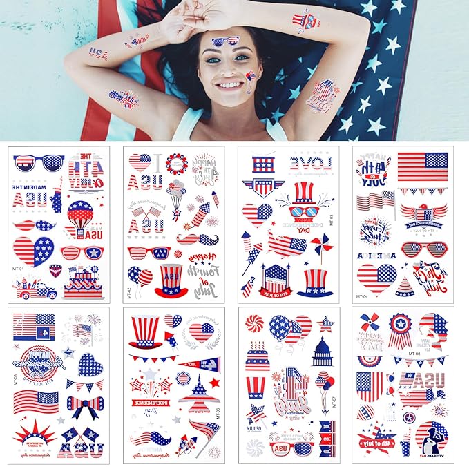 4th of July Temporary Tattoos, Metallic USA Fourth of July Patriotic Tattoos | American Flag Red White and Blue Face Tattoo Stickers, Independence Day Memorial Day Party Accessories Decoration