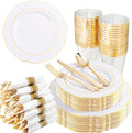 Liacere 350PCS Gold Plastic Plates-Disposable White and Gold Plates 50guest Baroque Plastic Dinnerware include 100Plates, 50Pack Pre Rolled Napkins with Silverware 50Cups for Wedding & Easter Day