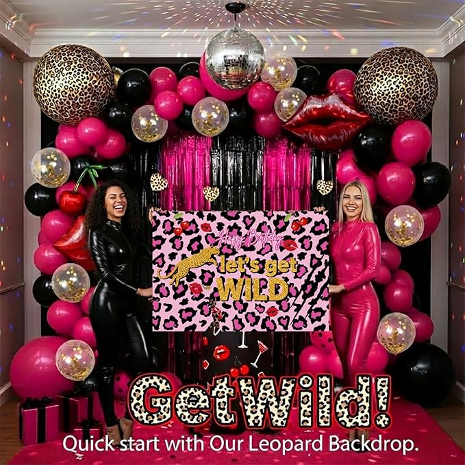 Hot Pink and Black Balloons Arch Kit Cherry Birthday Decorations with Background cloth Foil Cheetah Print lips Cheetah Balloons for Baby Shower Bachelorette Party Decorations