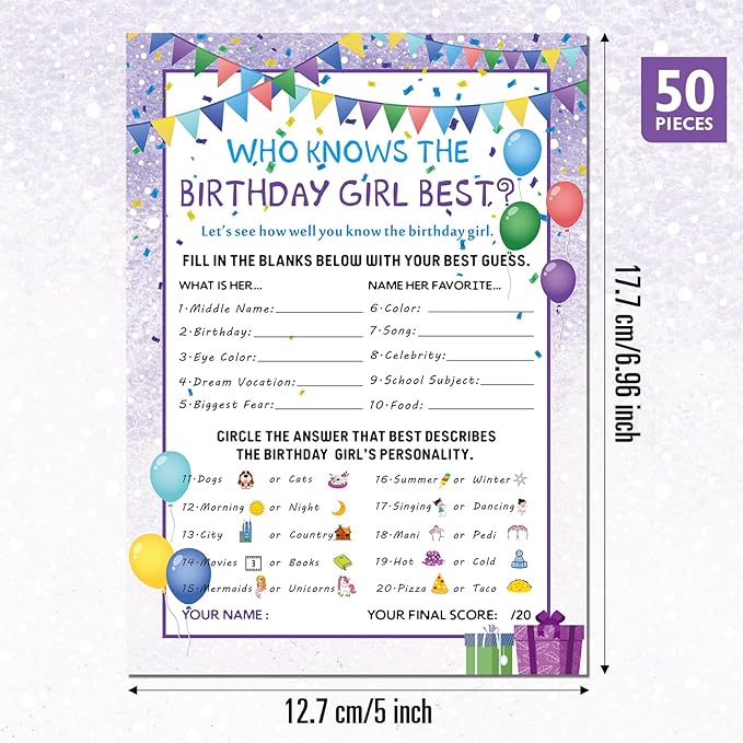 Skylety The Birthday Girl Best, 50 Pieces Birthday Party Activity Game Card Set Who Knows Her Best Girl Birthday Party Activity Themed Party Decorations(Purple)
