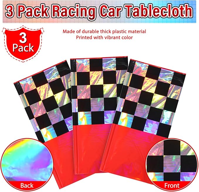 3Pack Iridescent Race Car Plastic Tablecloth, Disposable Shiny Laser Red and Black Checkered Table Cloth, Holographic Foil Rectangle Tablecloth for Race Car Boys Birthday Party Decorations, 54x108Inch