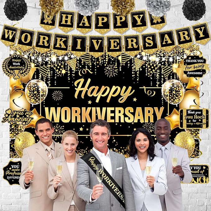 Black Gold Happy Workiversary Decorations Happy Work Anniversary Banner Honeycomb Centerpieces Hanging Swirls Tissue Paper Pompoms Sash Set for Men Women Office Employee Appreciation Party Supplies