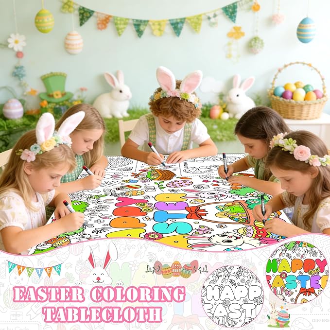 2 PCS Easter Coloring Tablecloth, Easter Crafts for Kids, 72" x 30" Giant Paper Coloring Table Cloth Banner for Gifts Activities, Fun DIY Art Easter Decorations Supplies for Family School Party Games
