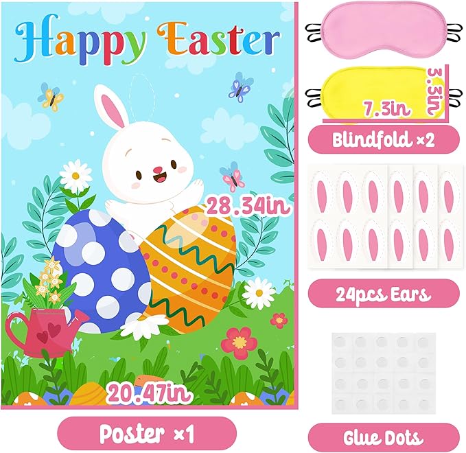 Pin The Ears on The Bunny Game for Kids, Happy Easter Rabbit Poster with 24Pcs Stickers Fun Family School Classroom Activities Spring Holiday Egg Hunt Birthday Party Decoration Supplies Wall Decor
