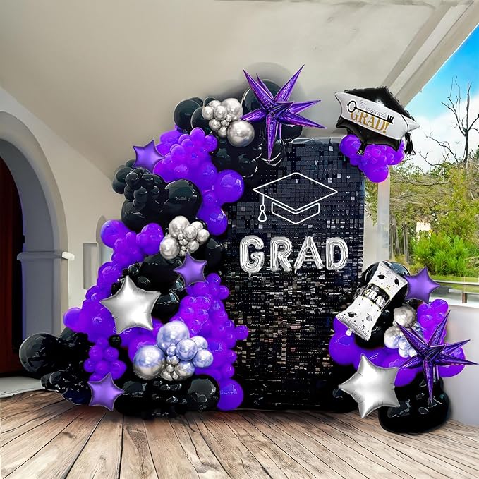 Black dark purple and Silver Balloon Garland Arch Kit 130Pcs with dark purple and Silver Stars, Graduation Certificate Graduation Cap GRAD Letters Mylar Balloons for 2025 kpop Prom Decorations
