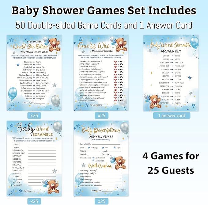 HOMANGA Baby Shower Games for Boy Girl, 4 Fun Games for 25 Guests, Who Knows Mommy Best, Guess Who Mommy or Daddy, Word Scramble, Baby's Descriptions & Well Wishes, Blue Bear Baby Showers Decorations