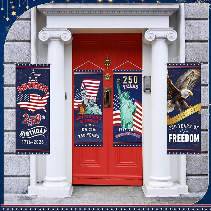 Panelee 4 Pcs 250th Anniversary Banner Decoration Patriotic American Flag Porch Banner 250th Anniversary Hanging Backdrop for Independence Day 4th of July Wall Indoor Outdoor Decor